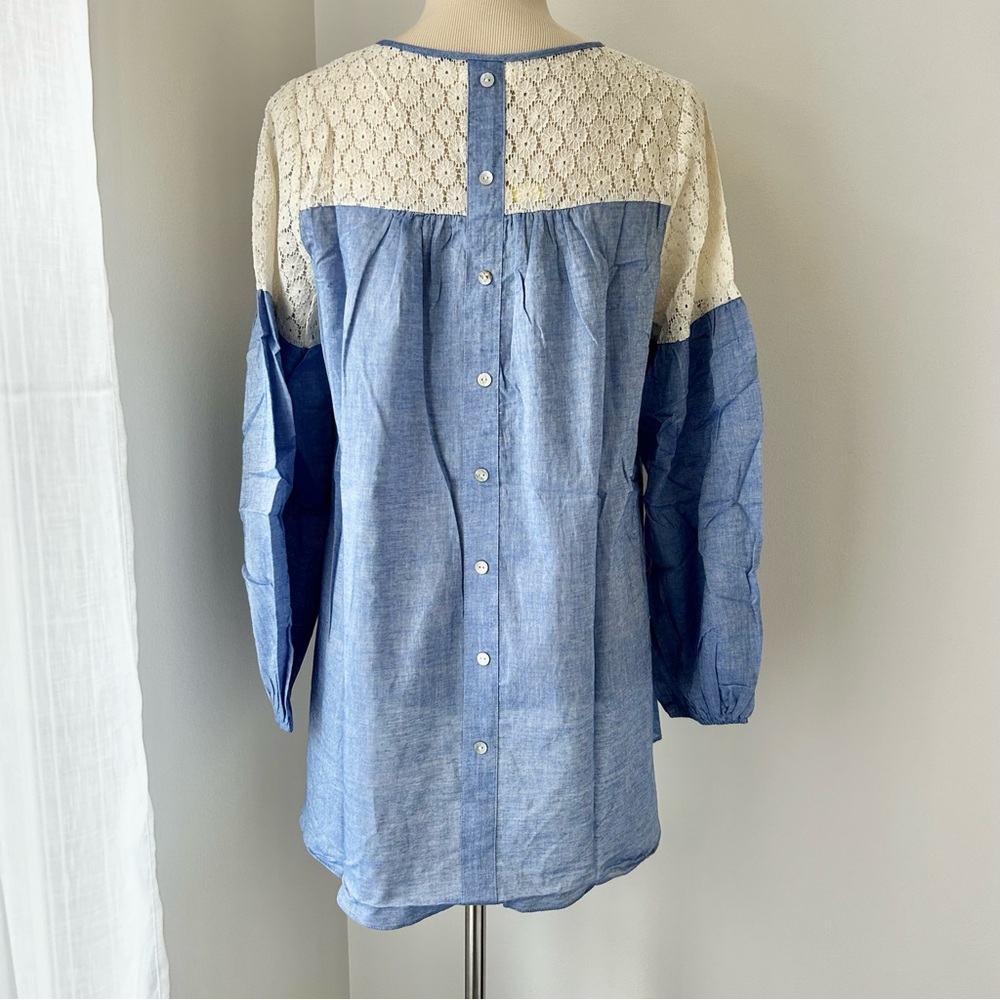 🌸NWT Women’s Handmade Chambray Lace Long Sleeve Top. Size: Large - Picture 5 of 11